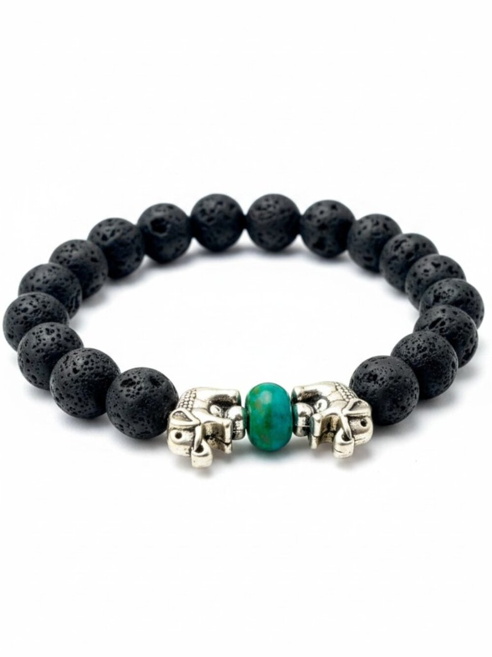 Black Lava Aromatherapy Bracelet Green Stone Silver Elephant Accents